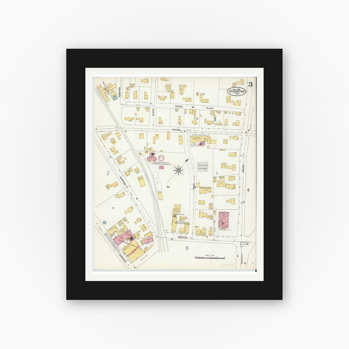 Old map wall art mockup — black gallery frame with white mat — Sanborn Fire Insurance Map from Stoughton, Norfolk County, Massachusetts (1906), Sheet #0003