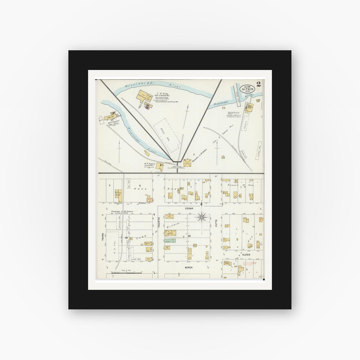 Old map wall art mockup — black gallery frame with white mat — Sanborn Fire Insurance Map from Aitkin, Aitkin County, Minnesota (1898), Sheet #0002