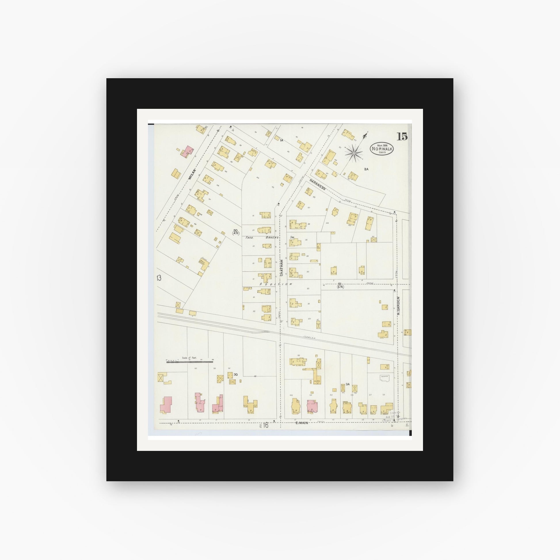 Old map wall art mockup — black gallery frame with white mat — Sanborn Fire Insurance Map from Norwalk, Huron County, Ohio (1906), Sheet #0015