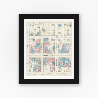 Old map wall art mockup — black gallery frame with white mat — Sanborn Fire Insurance Map from Austin, Travis County, Texas (1885), Sheet #0004