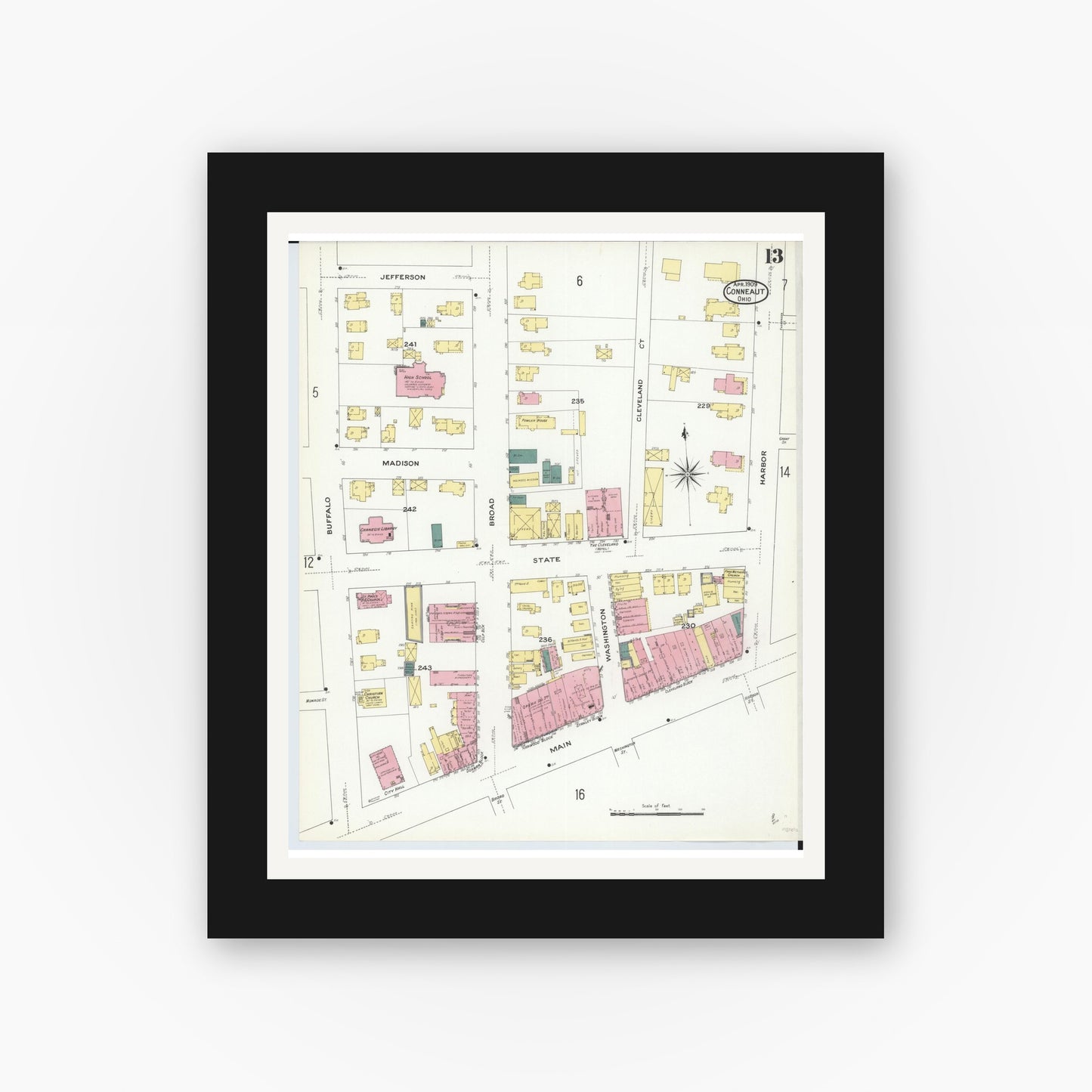 Old map wall art mockup — black gallery frame with white mat — Sanborn Fire Insurance Map from Conneaut, Ashtabula County, Ohio (1909), Sheet #0013