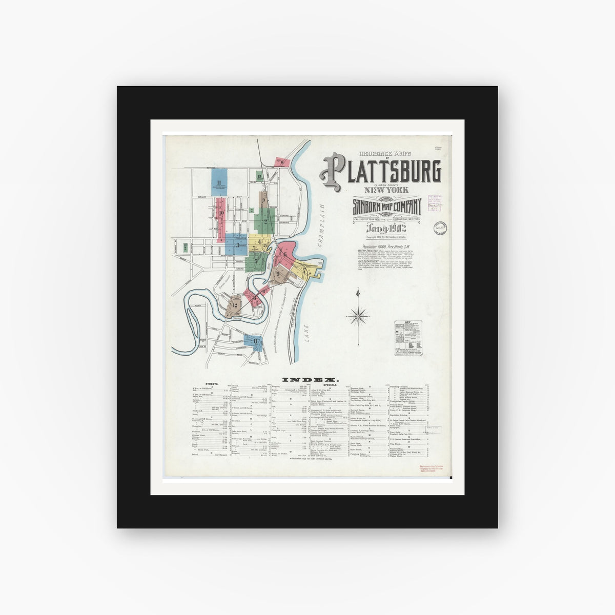 Old map wall art mockup — black gallery frame with white mat — Sanborn Fire Insurance Map from Plattsburg, Clinton County, New York (1902), Sheet #0001