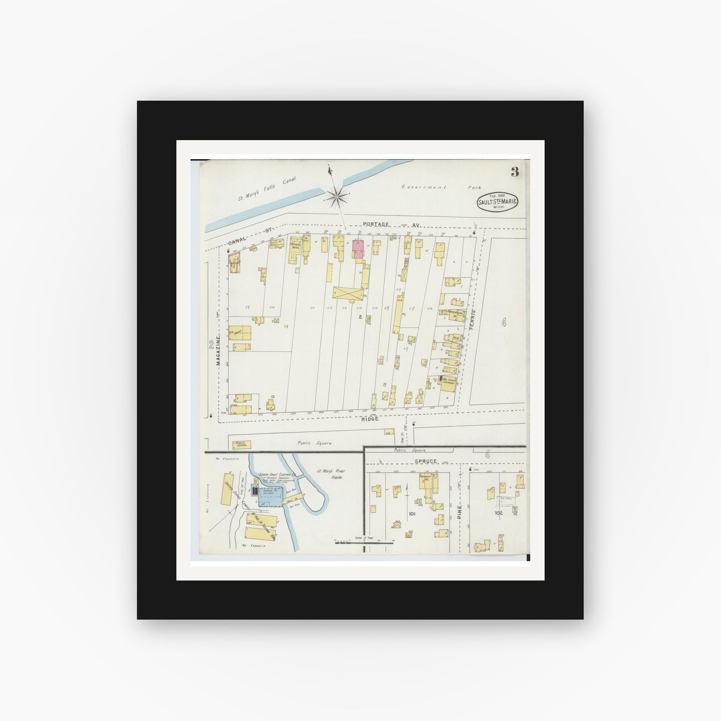 Old map wall art mockup — black gallery frame with white mat — Sanborn Fire Insurance Map from Sault Sainte Marie, Chippewa County, Michigan (1895), Sheet #0003