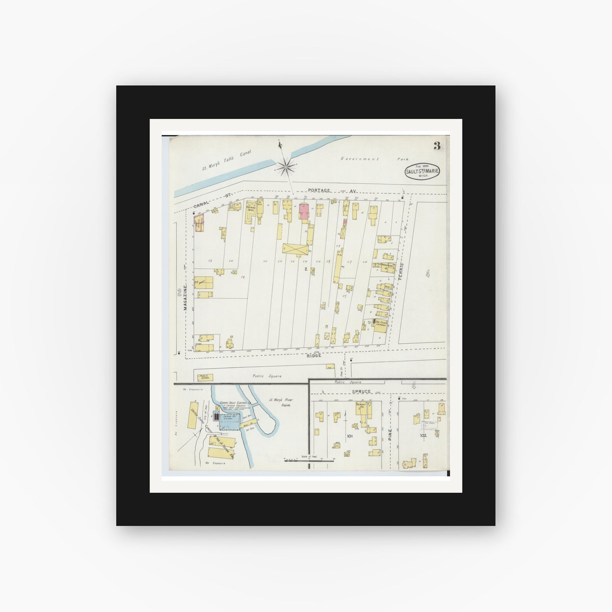 Old map wall art mockup — black gallery frame with white mat — Sanborn Fire Insurance Map from Sault Sainte Marie, Chippewa County, Michigan (1895), Sheet #0003