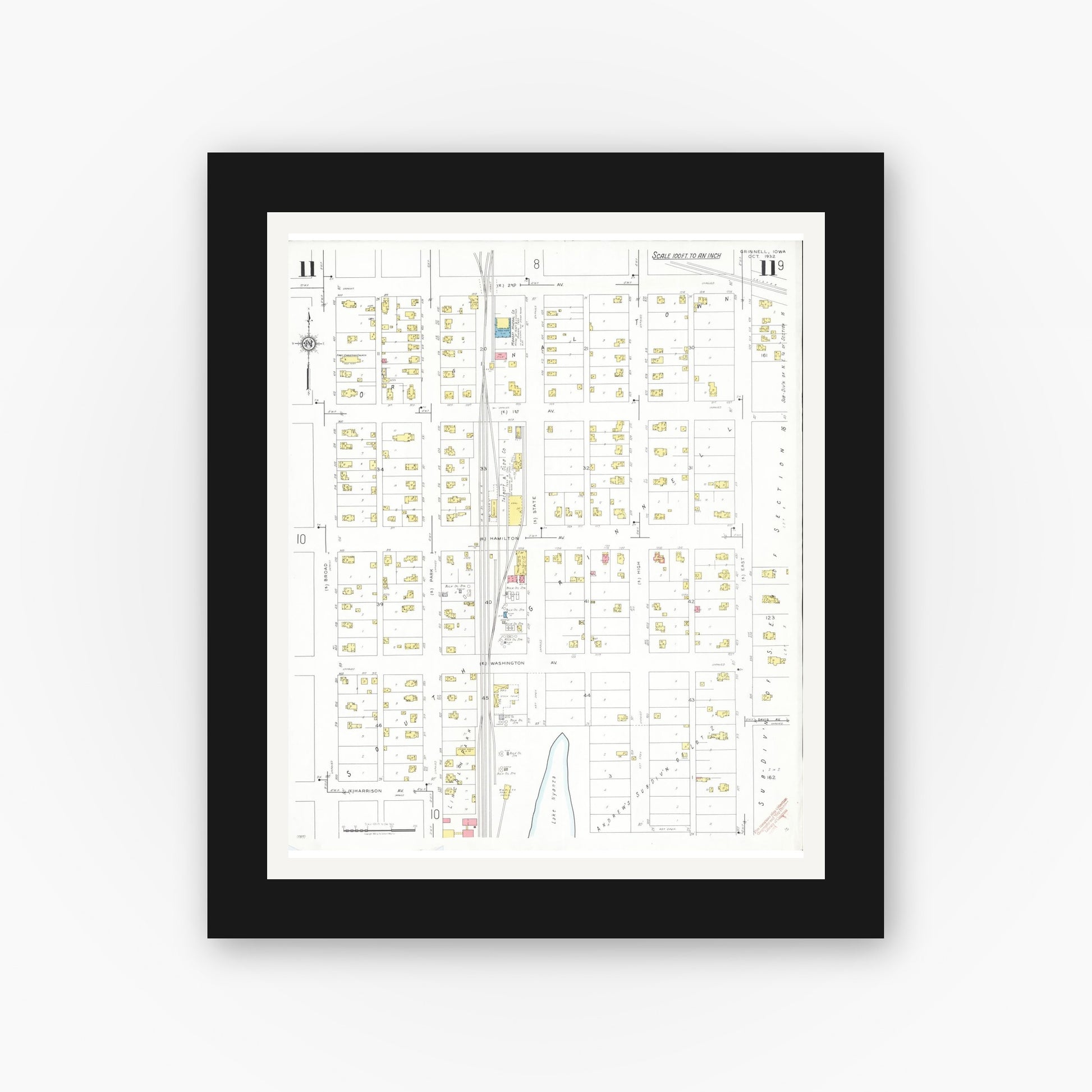 Old map wall art mockup — black gallery frame with white mat — Sanborn Fire Insurance Map from Grinnell, Poweshiek County, Iowa (1932), Sheet #0011