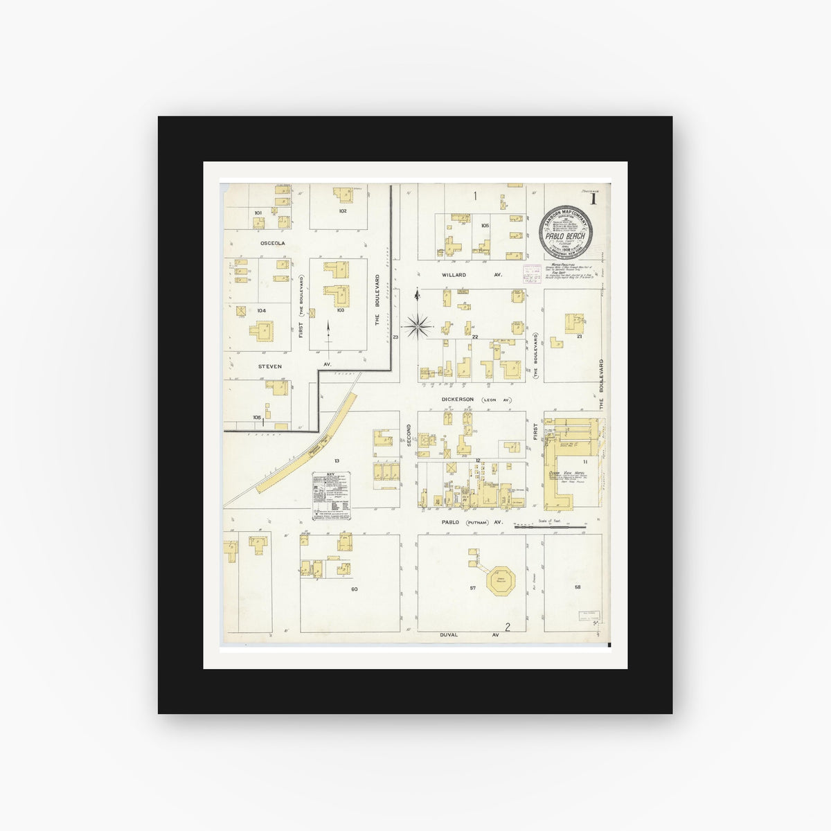 Old map wall art mockup — black gallery frame with white mat — Sanborn Fire Insurance Map from Pablo Beach, Duval County, Florida (1909) - Complete Map Set
