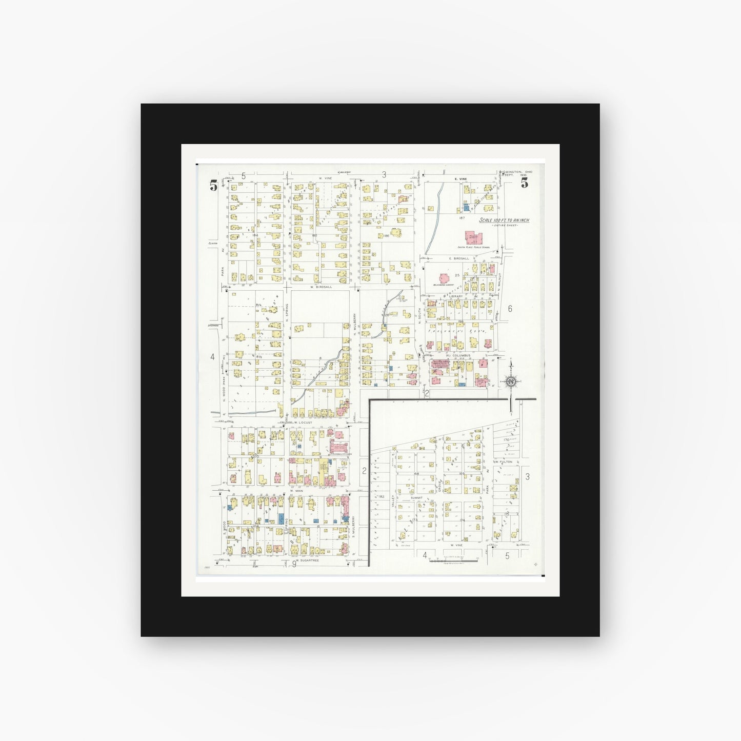 Old map wall art mockup — black gallery frame with white mat — Sanborn Fire Insurance Map from Wilmington, Clinton County, Ohio (1933), Sheet #0005