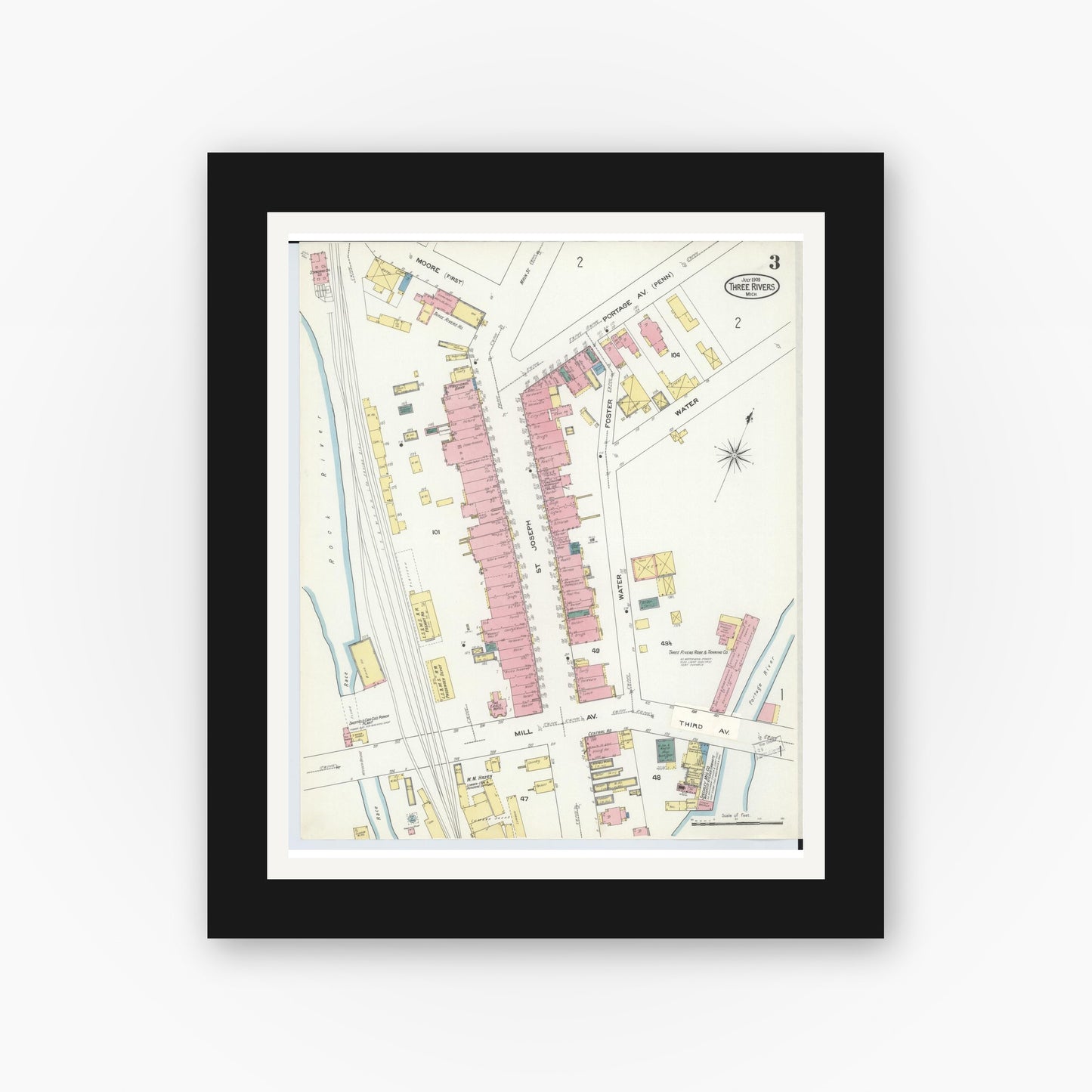Old map wall art mockup — black gallery frame with white mat — Sanborn Fire Insurance Map from Three Rivers, Saint Joseph County, Michigan (1909), Sheet #0003