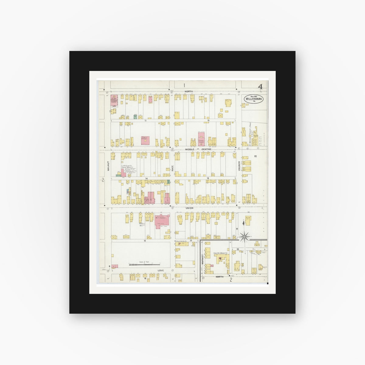 Old map wall art mockup — black gallery frame with white mat — Sanborn Fire Insurance Map from Millersburg, Dauphin County, Pennsylvania (1902), Sheet #0004
