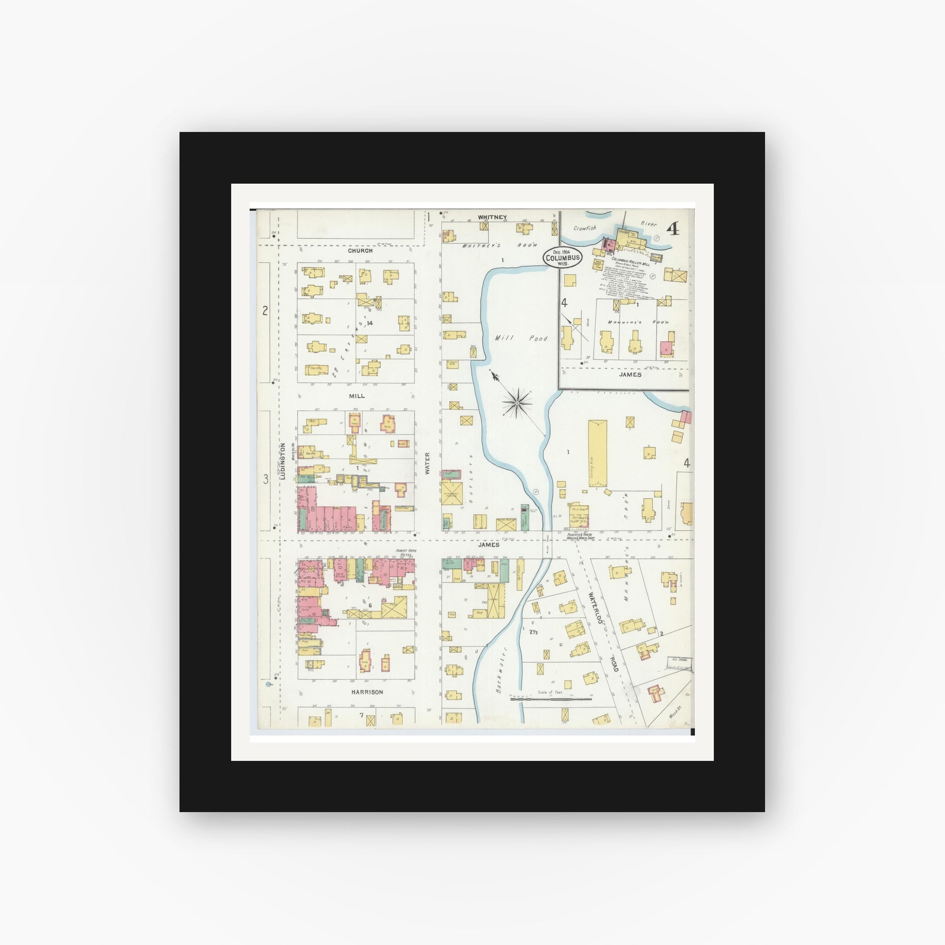 Old map wall art mockup — black gallery frame with white mat — Sanborn Fire Insurance Map from Columbus, Columbia and Dodge County, Wisconsin (1904), Sheet #0004