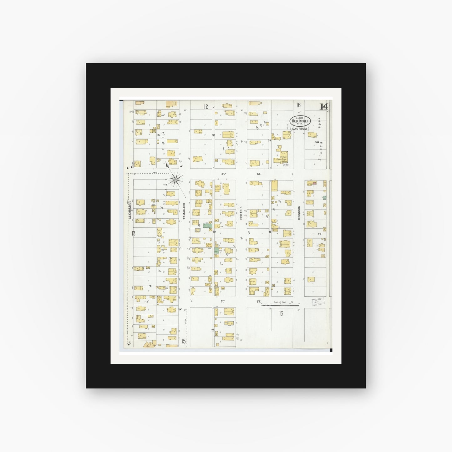 Old map wall art mockup — black gallery frame with white mat — Sanborn Fire Insurance Map from Red Jacket, Houghton County, Michigan (1900), Sheet #0014