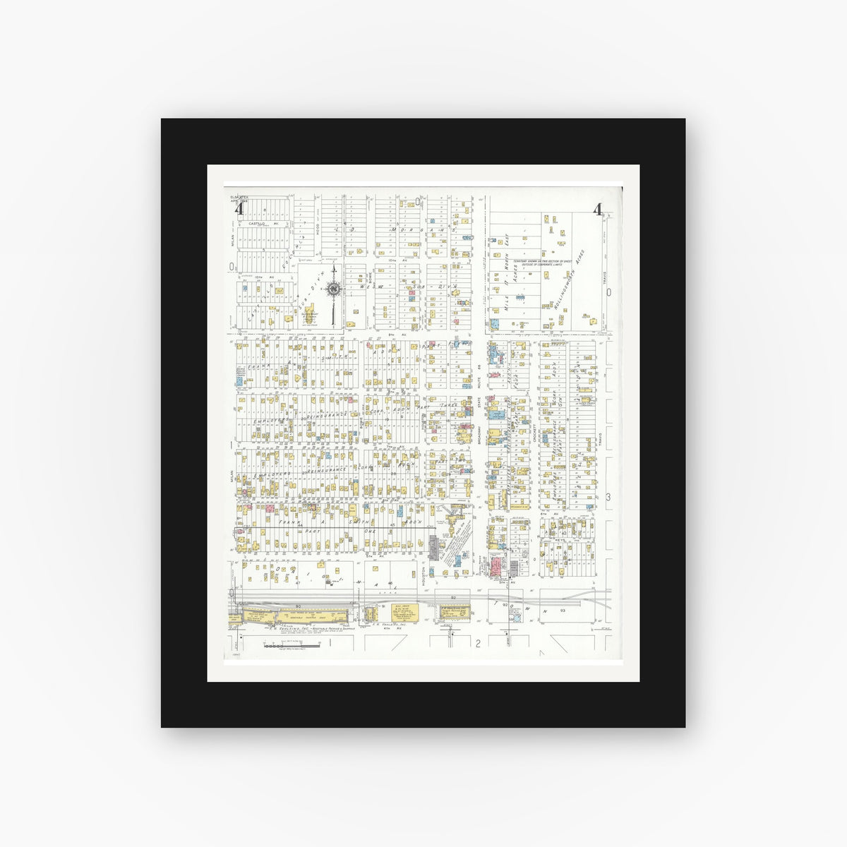 Old map wall art mockup — black gallery frame with white mat — Sanborn Fire Insurance Map from Elsa, Hidalgo County, Texas (1949), Sheet #0004