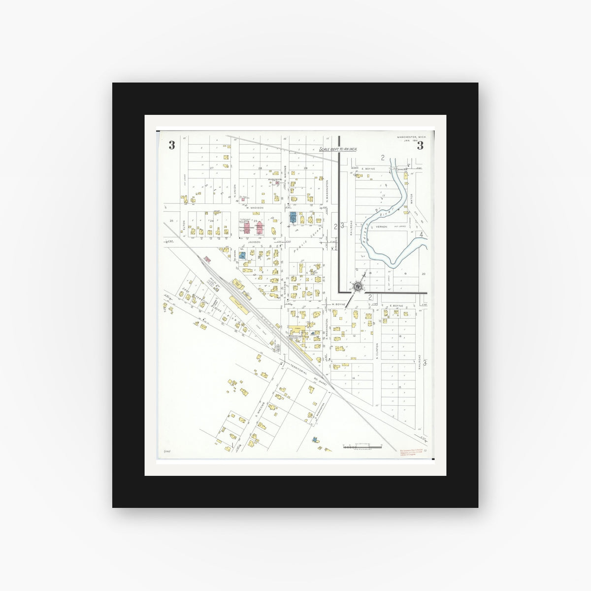 Old map wall art mockup — black gallery frame with white mat — Sanborn Fire Insurance Map from Manchester, Washtenaw County, Michigan (1941), Sheet #0003