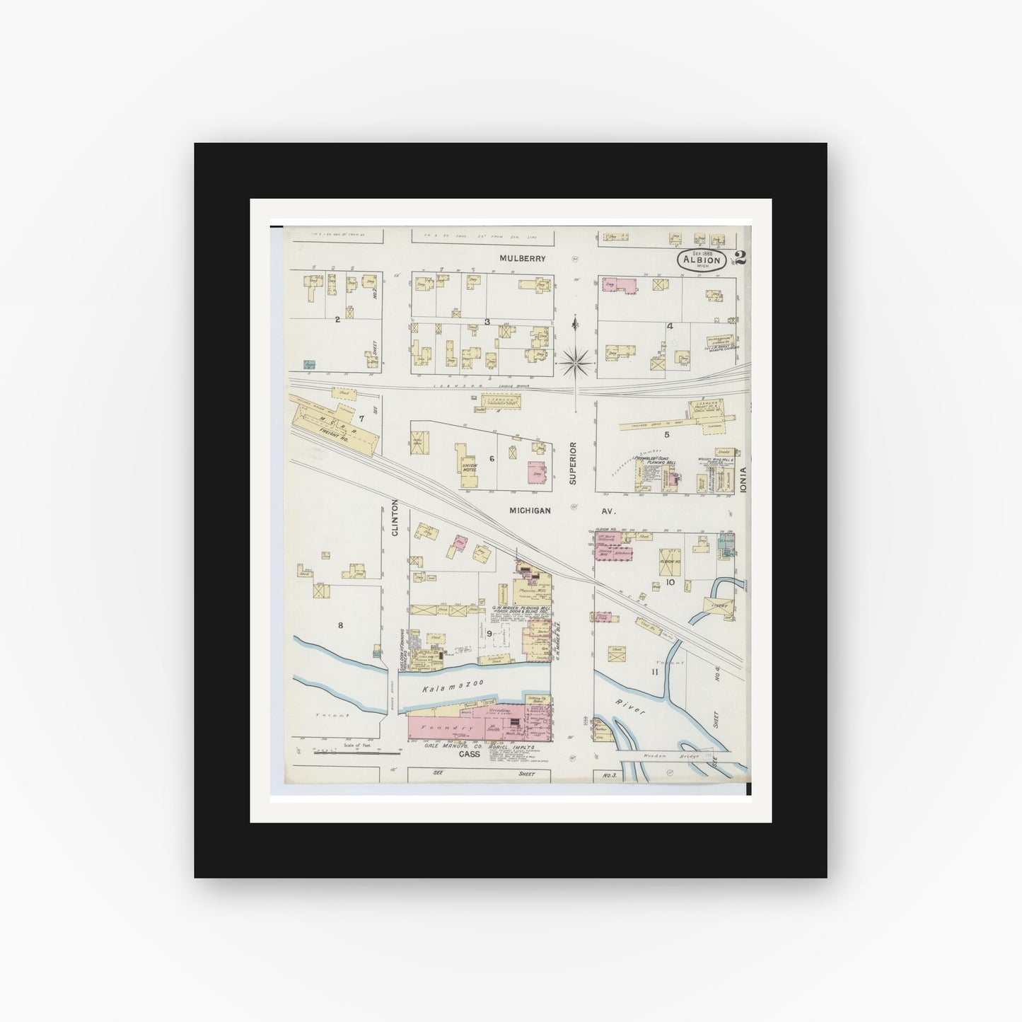 Old map wall art mockup — black gallery frame with white mat — Sanborn Fire Insurance Map from Albion, Calhoun County, Michigan (1888), Sheet #0002