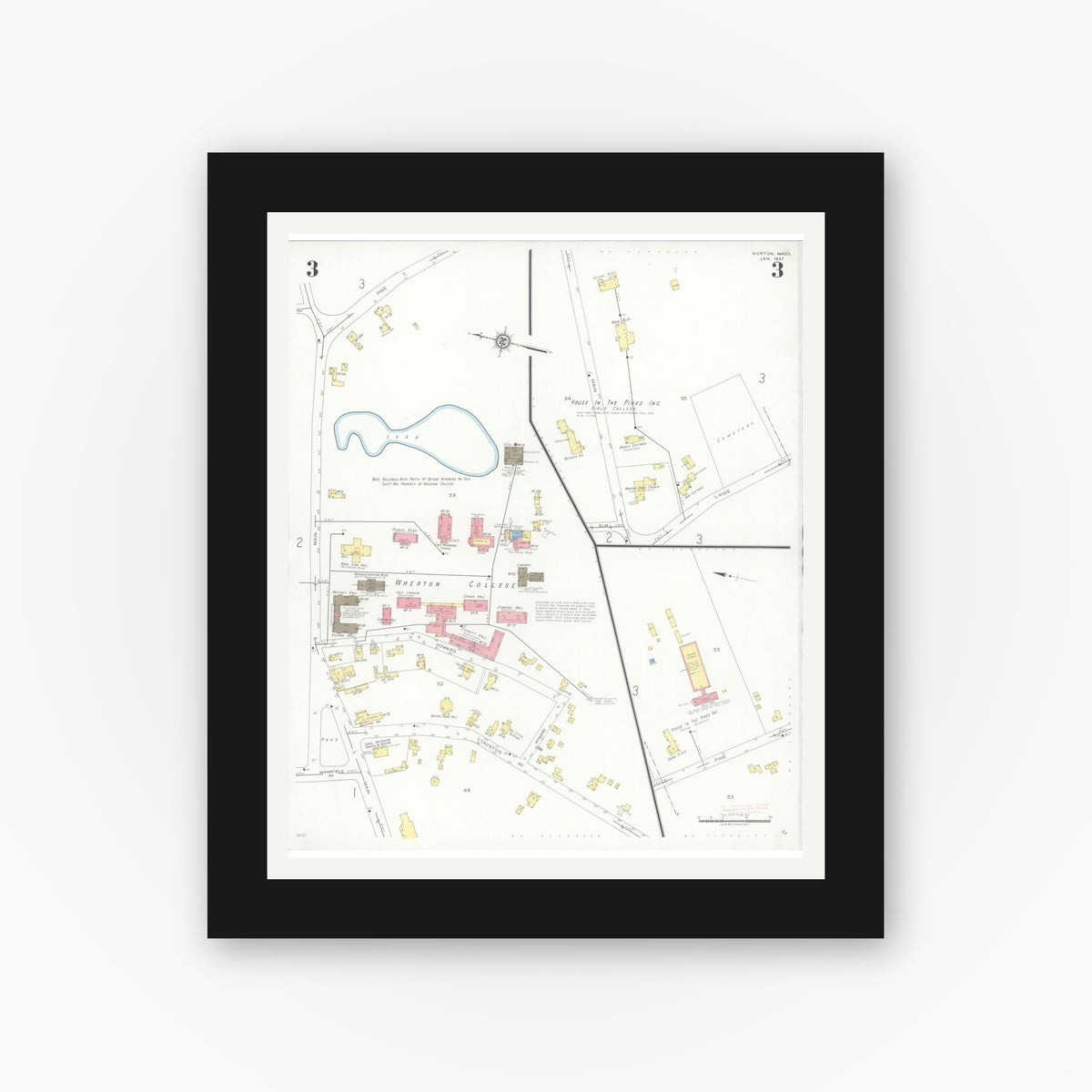 Old map wall art mockup — black gallery frame with white mat — Sanborn Fire Insurance Map from Norton, Bristol County, Massachusetts (1937), Sheet #0003