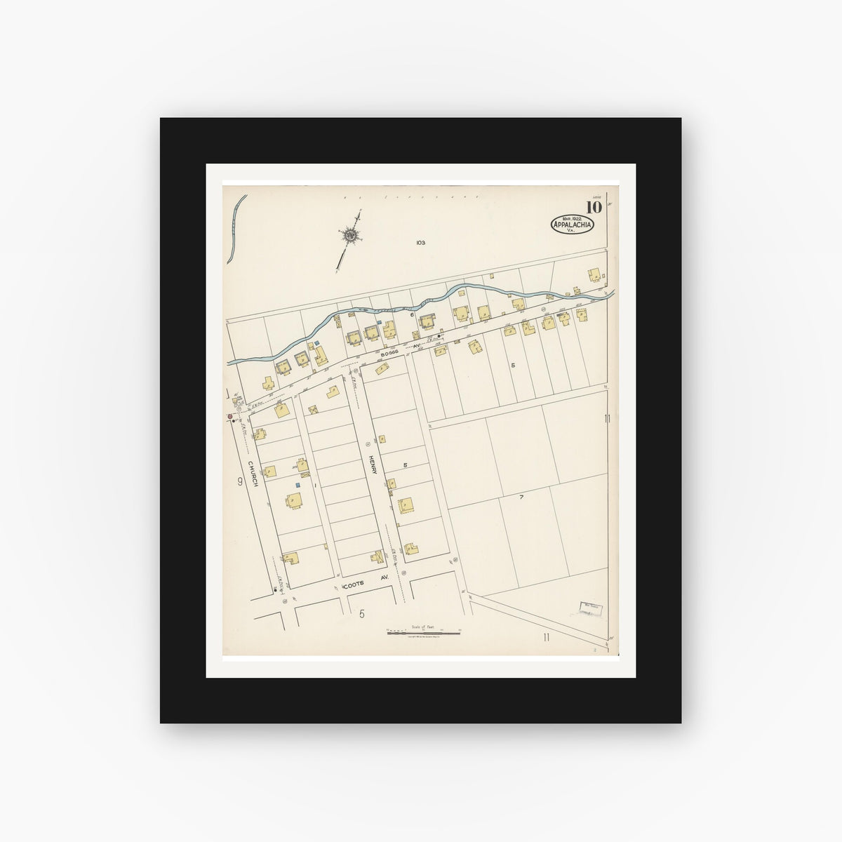 Old map wall art mockup — black gallery frame with white mat — Sanborn Fire Insurance Map from Appalachia, Wise County, Virginia (1922), Sheet #0010