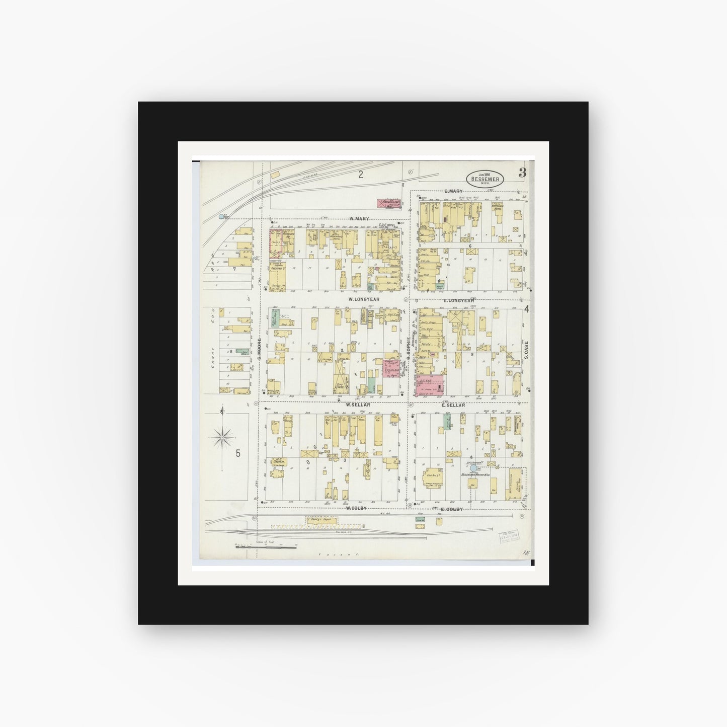 Old map wall art mockup — black gallery frame with white mat — Sanborn Fire Insurance Map from Bessemer, Gogebic County, Michigan (1898), Sheet #0003