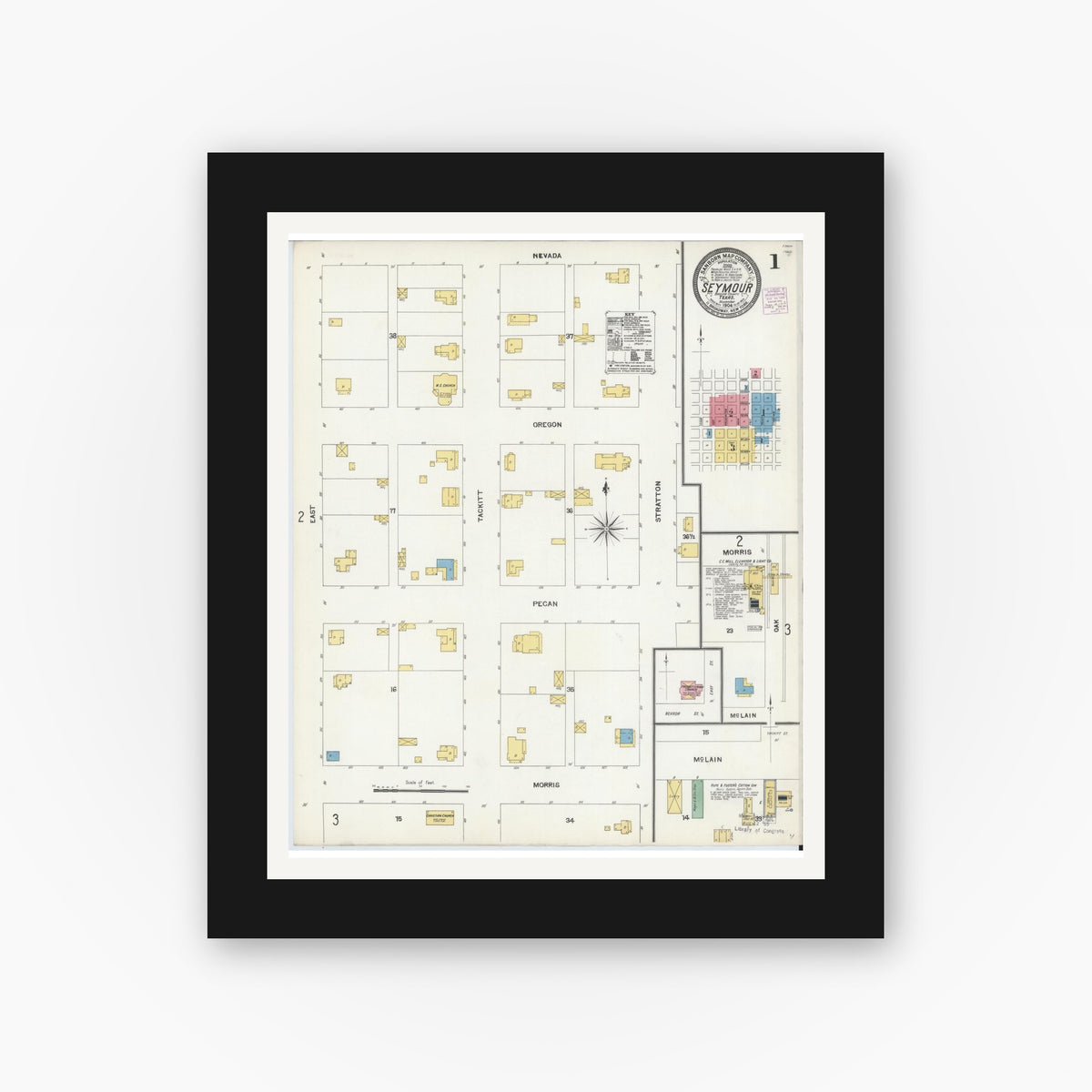 Old map wall art mockup — black gallery frame with white mat — Sanborn Fire Insurance Map from Seymour, Baylor County, Texas (1904) - Complete Map Set