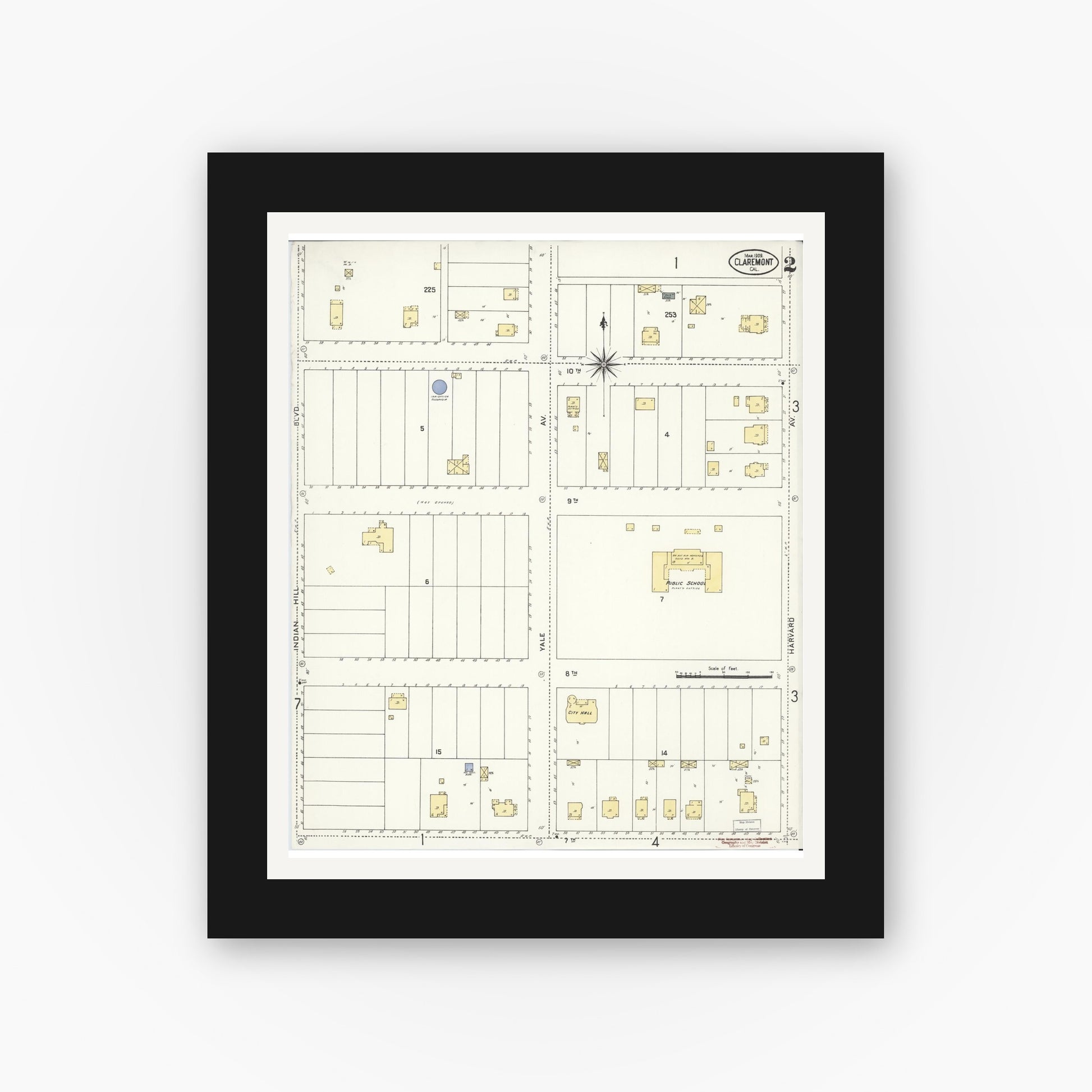 Old map wall art mockup — black gallery frame with white mat — Sanborn Fire Insurance Map from Claremont, Los Angeles County, California (1909), Sheet #0002
