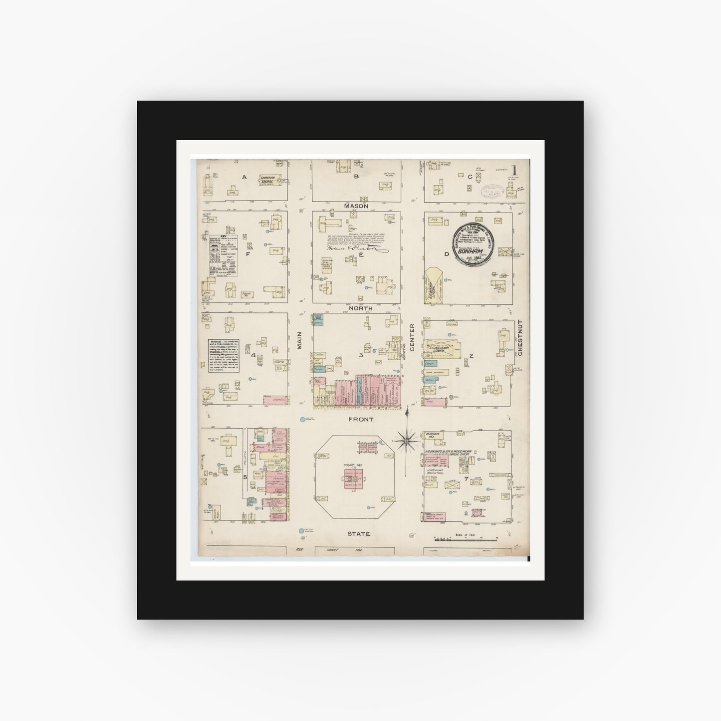 Old map wall art mockup — black gallery frame with white mat — Sanborn Fire Insurance Map from Bonham, Fannin County, Texas (1885), Sheet #0001