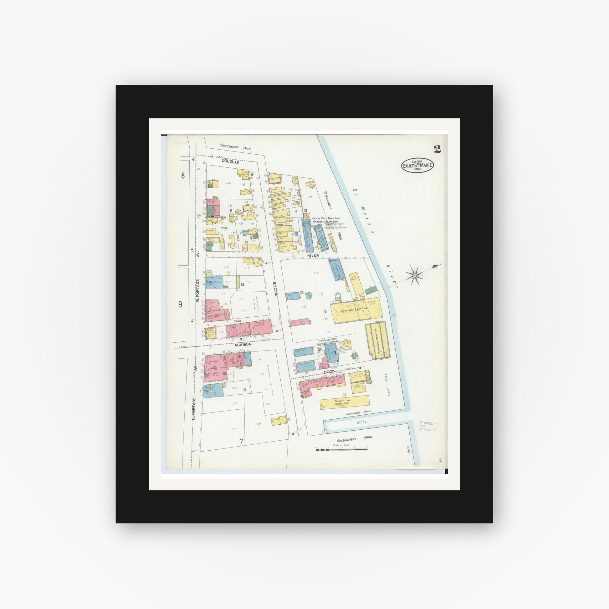 Old map wall art mockup — black gallery frame with white mat — Sanborn Fire Insurance Map from Sault Sainte Marie, Chippewa County, Michigan (1902), Sheet #0002