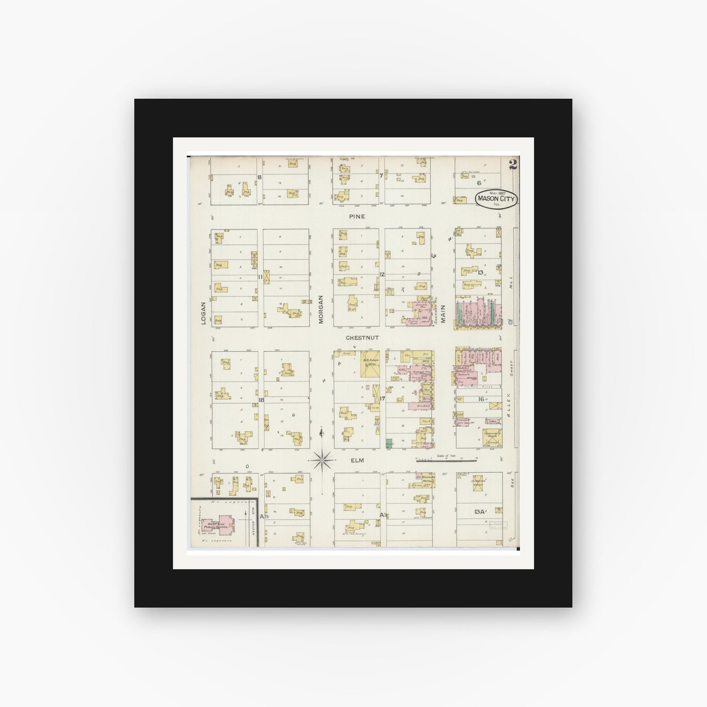 Old map wall art mockup — black gallery frame with white mat — Sanborn Fire Insurance Map from Mason City, Mason County, Illinois (1887), Sheet #0002
