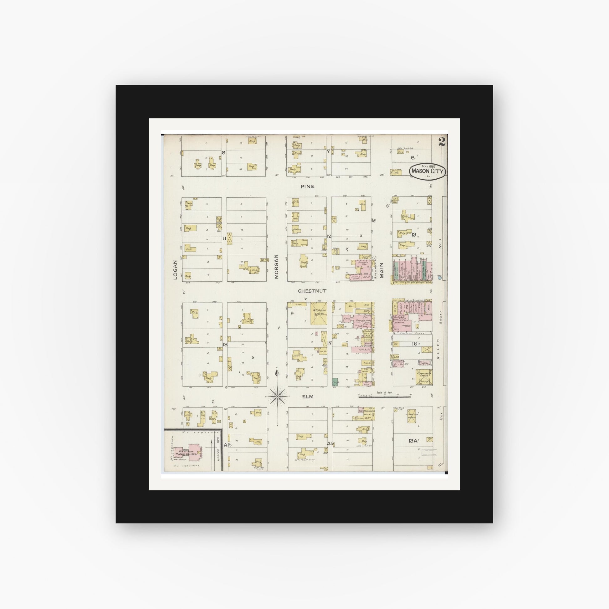 Old map wall art mockup — black gallery frame with white mat — Sanborn Fire Insurance Map from Mason City, Mason County, Illinois (1887), Sheet #0002