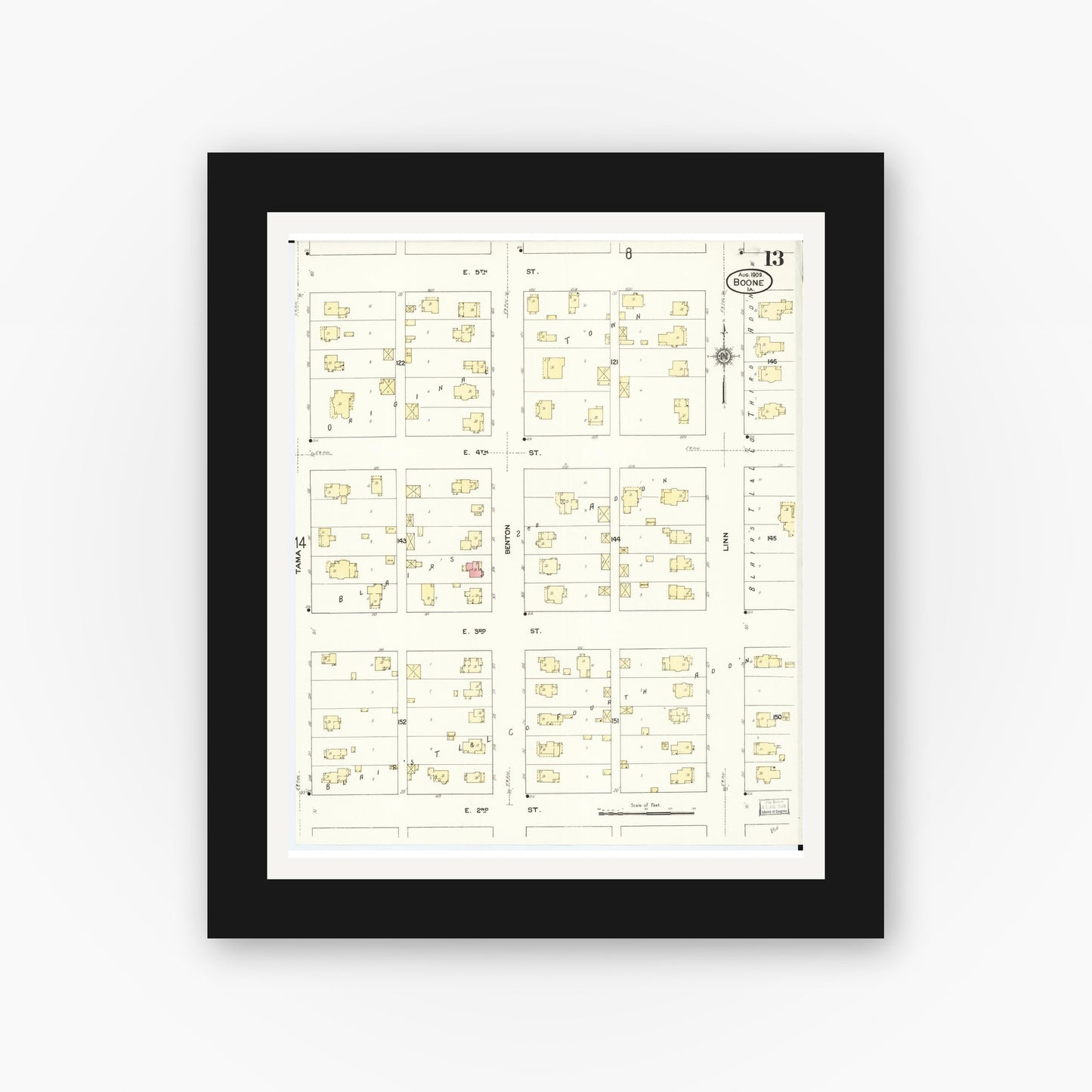 Old map wall art mockup — black gallery frame with white mat — Sanborn Fire Insurance Map from Boone, Boone County, Iowa (1909), Sheet #0013