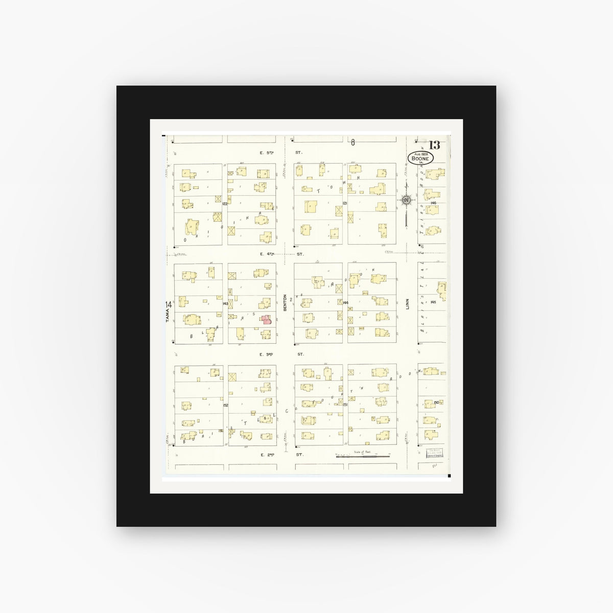 Old map wall art mockup — black gallery frame with white mat — Sanborn Fire Insurance Map from Boone, Boone County, Iowa (1909), Sheet #0013