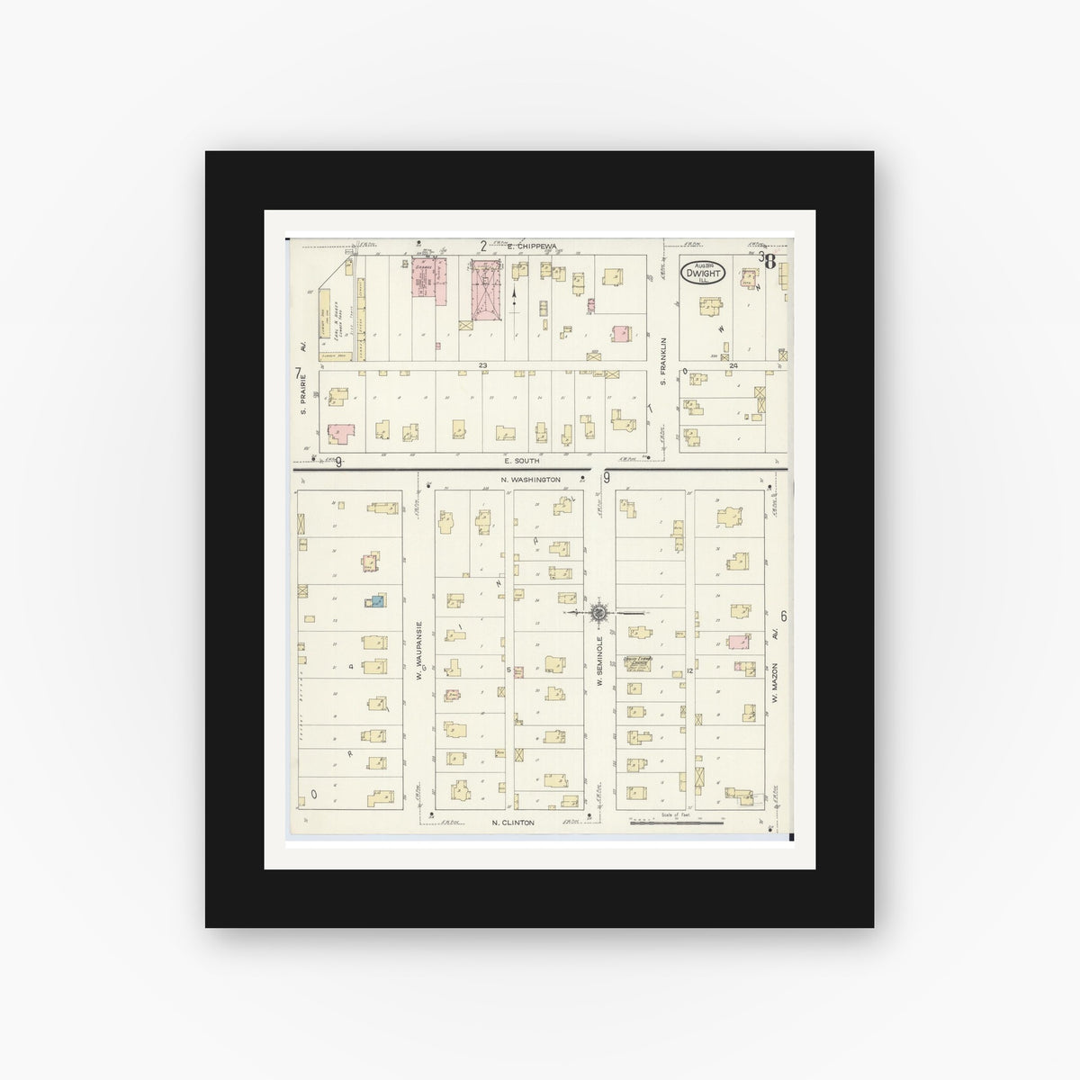 Old map wall art mockup — black gallery frame with white mat — Sanborn Fire Insurance Map from Dwight, Livingston County, Illinois (1914), Sheet #0008