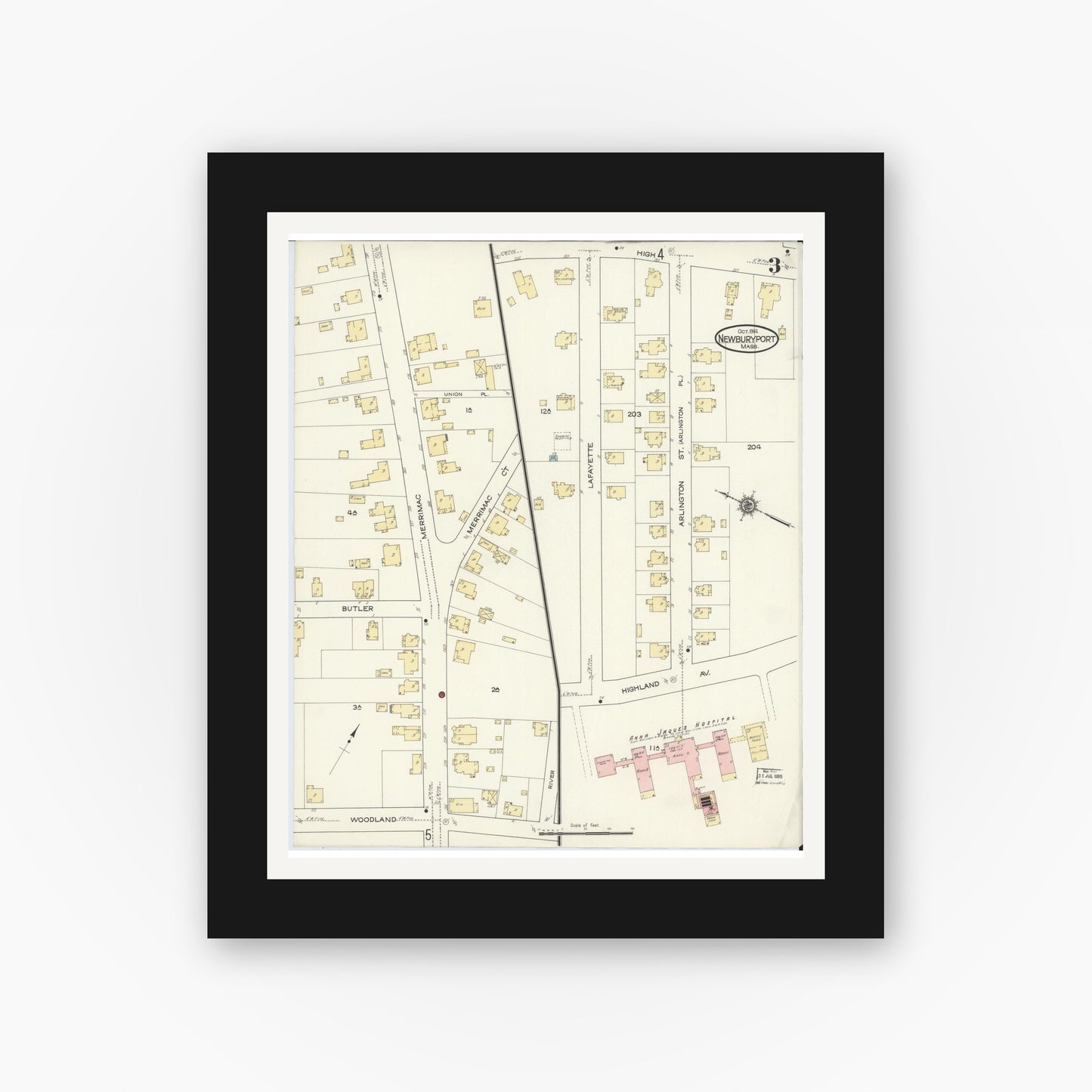 Old map wall art mockup — black gallery frame with white mat — Sanborn Fire Insurance Map from Newburyport, Essex County, Massachusetts (1914), Sheet #0003