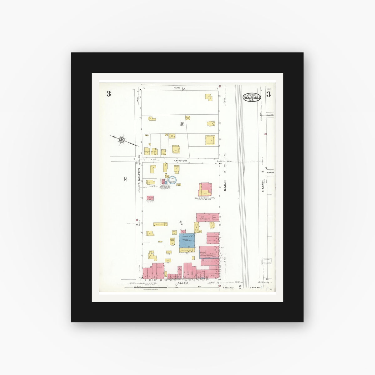 Old map wall art mockup — black gallery frame with white mat — Sanborn Fire Insurance Map from Thomasville, Davidson County, North Carolina (1923), Sheet #0003