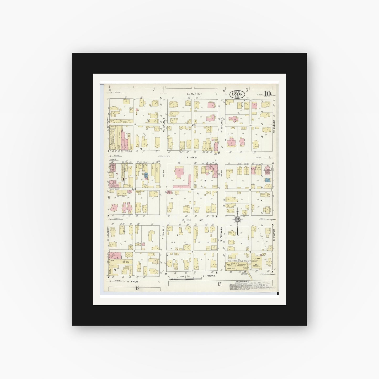 Old map wall art mockup — black gallery frame with white mat — Sanborn Fire Insurance Map from Logan, Hocking County, Ohio (1914), Sheet #0010