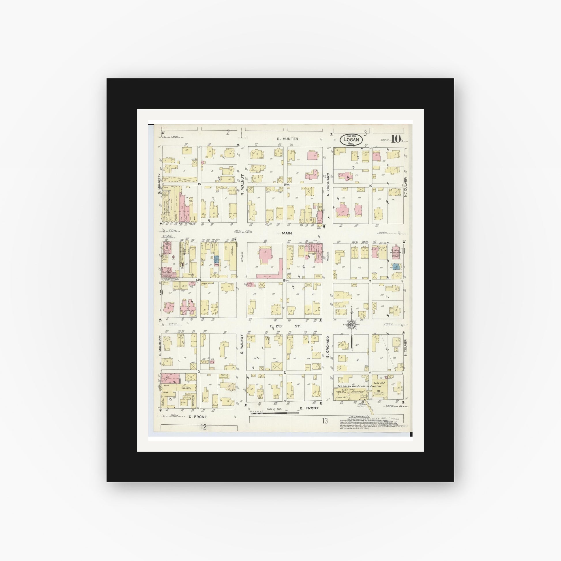 Old map wall art mockup — black gallery frame with white mat — Sanborn Fire Insurance Map from Logan, Hocking County, Ohio (1914), Sheet #0010