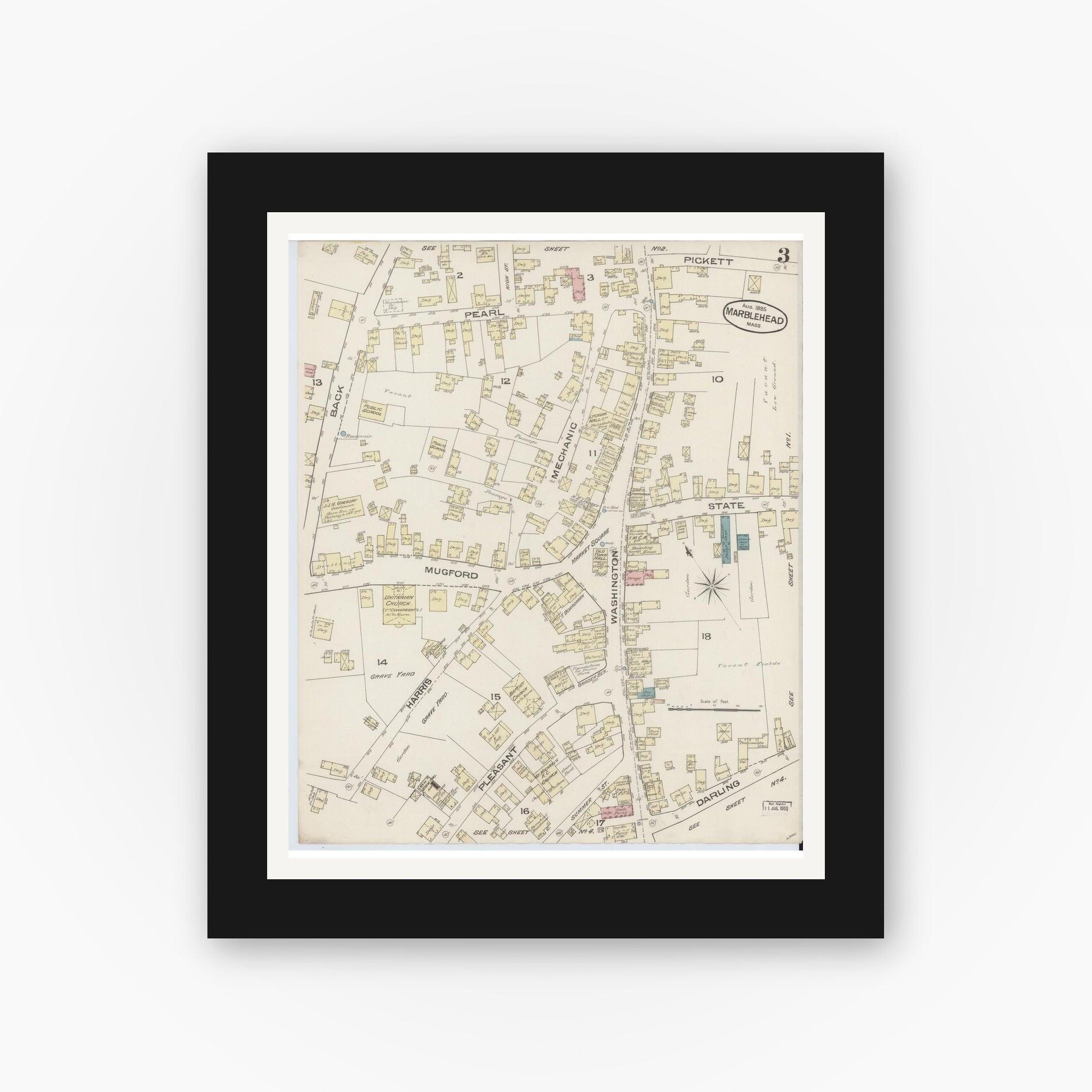 Old map wall art mockup — black gallery frame with white mat — Sanborn Fire Insurance Map from Marblehead, Essex County, Massachusetts (1885), Sheet #0003