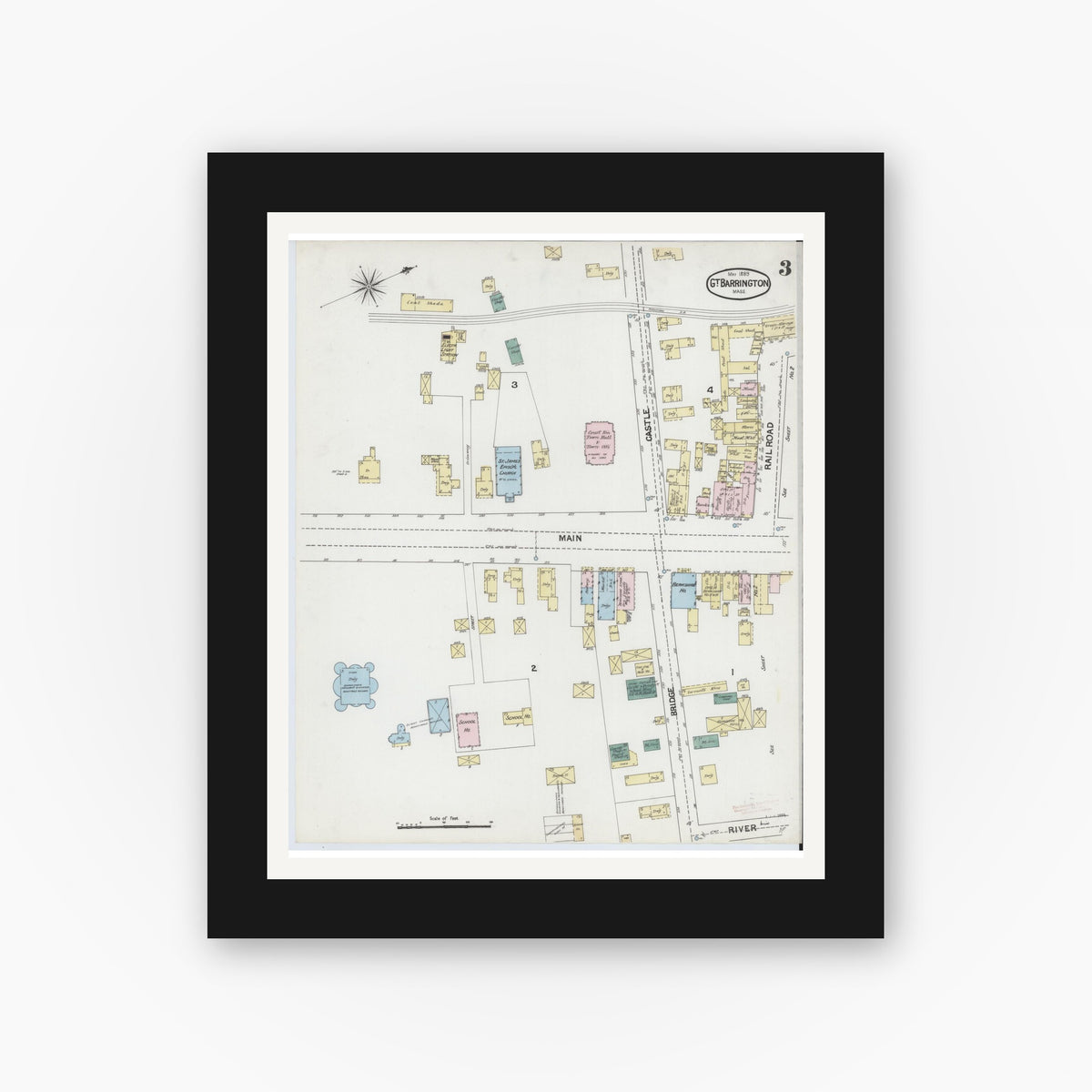 Old map wall art mockup — black gallery frame with white mat — Sanborn Fire Insurance Map from Great Barrington, Berkshire County, Massachusetts (1889), Sheet #0003