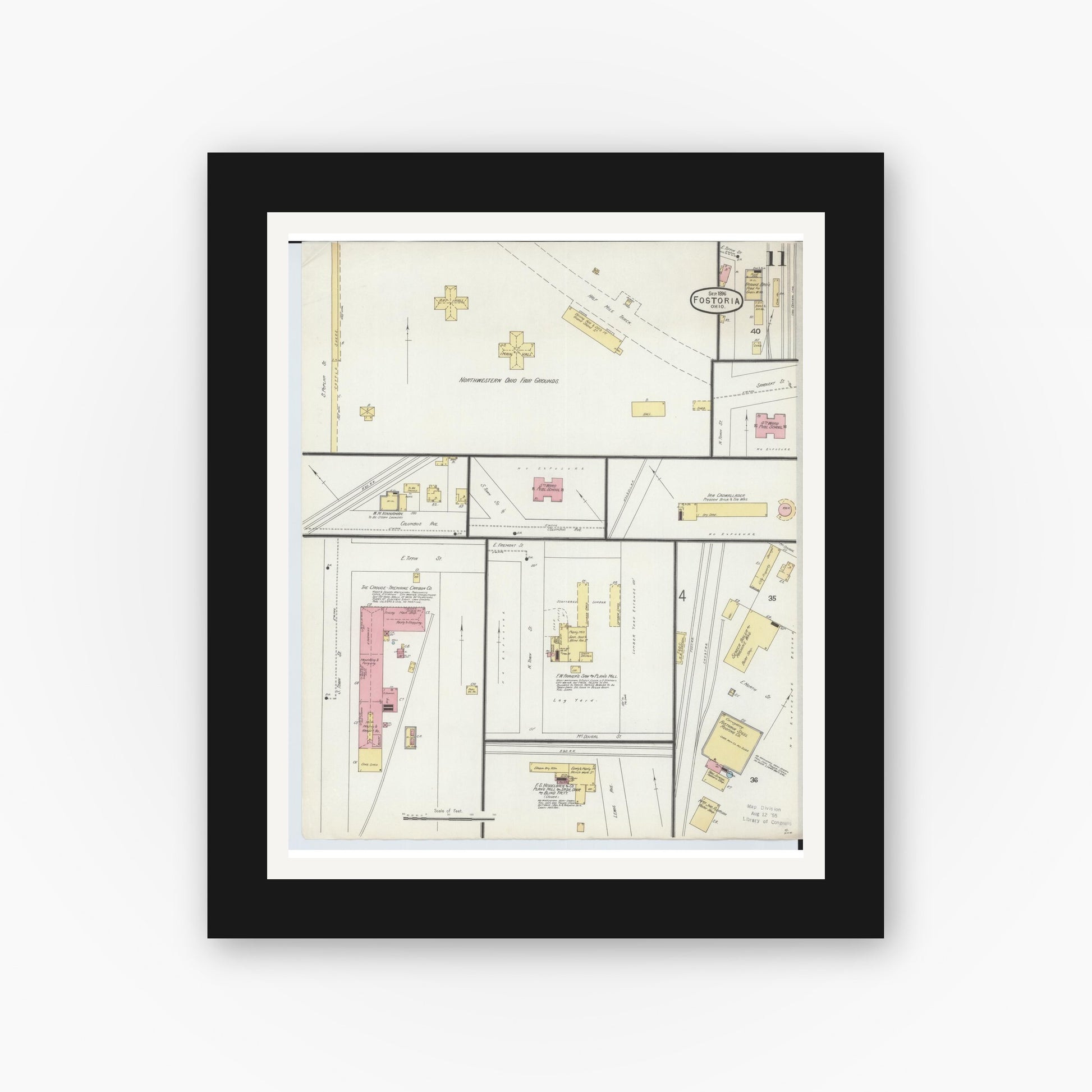 Old map wall art mockup — black gallery frame with white mat — Sanborn Fire Insurance Map from Fostoria, Seneca, Hancock, And Wood Counties, Ohio (1896), Sheet #0011