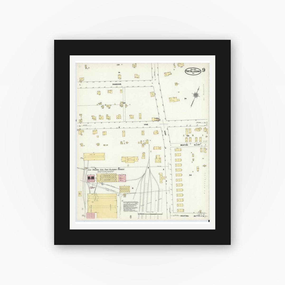 Old map wall art mockup — black gallery frame with white mat — Sanborn Fire Insurance Map from Port Allegany, McKean County, Pennsylvania (1909), Sheet #0009