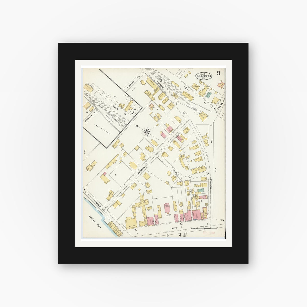 Old map wall art mockup — black gallery frame with white mat — Sanborn Fire Insurance Map from Middleburgh, Schoharie County, New York (1904), Sheet #0003