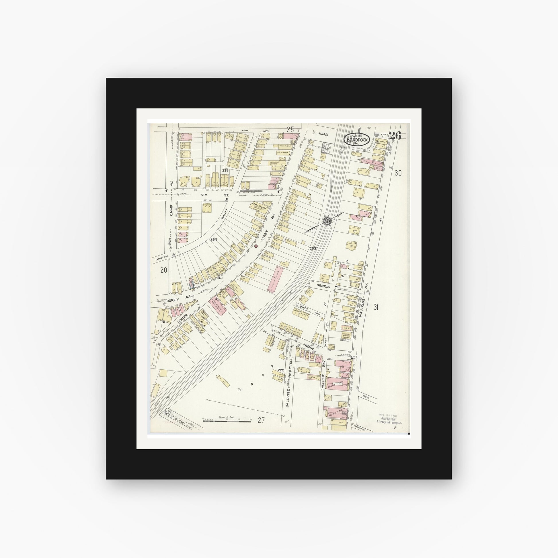 Old map wall art mockup — black gallery frame with white mat — Sanborn Fire Insurance Map from Braddock, Allegheny County, Pennsylvania (1914), Sheet #0026