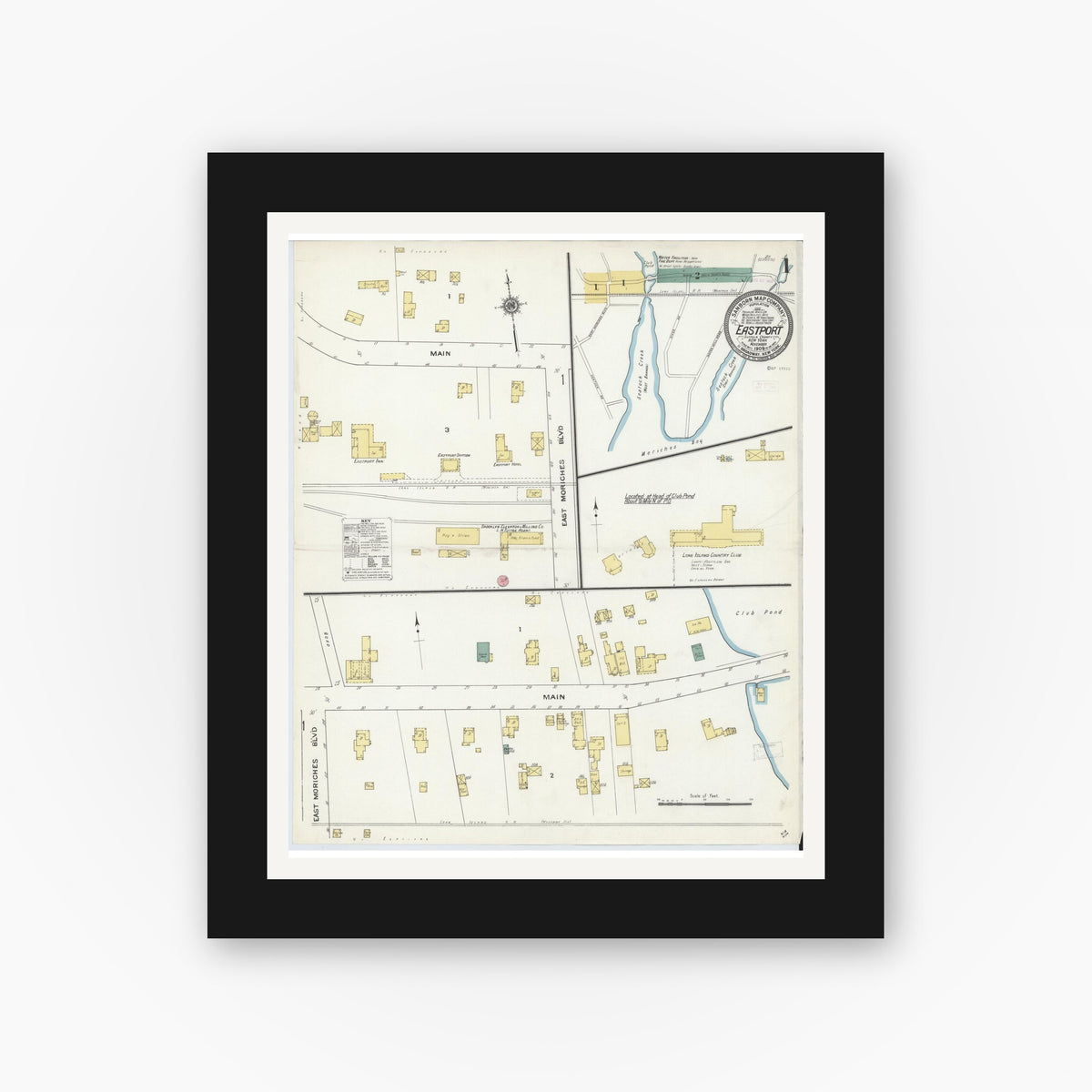 Old map wall art mockup — black gallery frame with white mat — Sanborn Fire Insurance Map from Eastport, Suffolk County, New York (1909), Sheet #0001