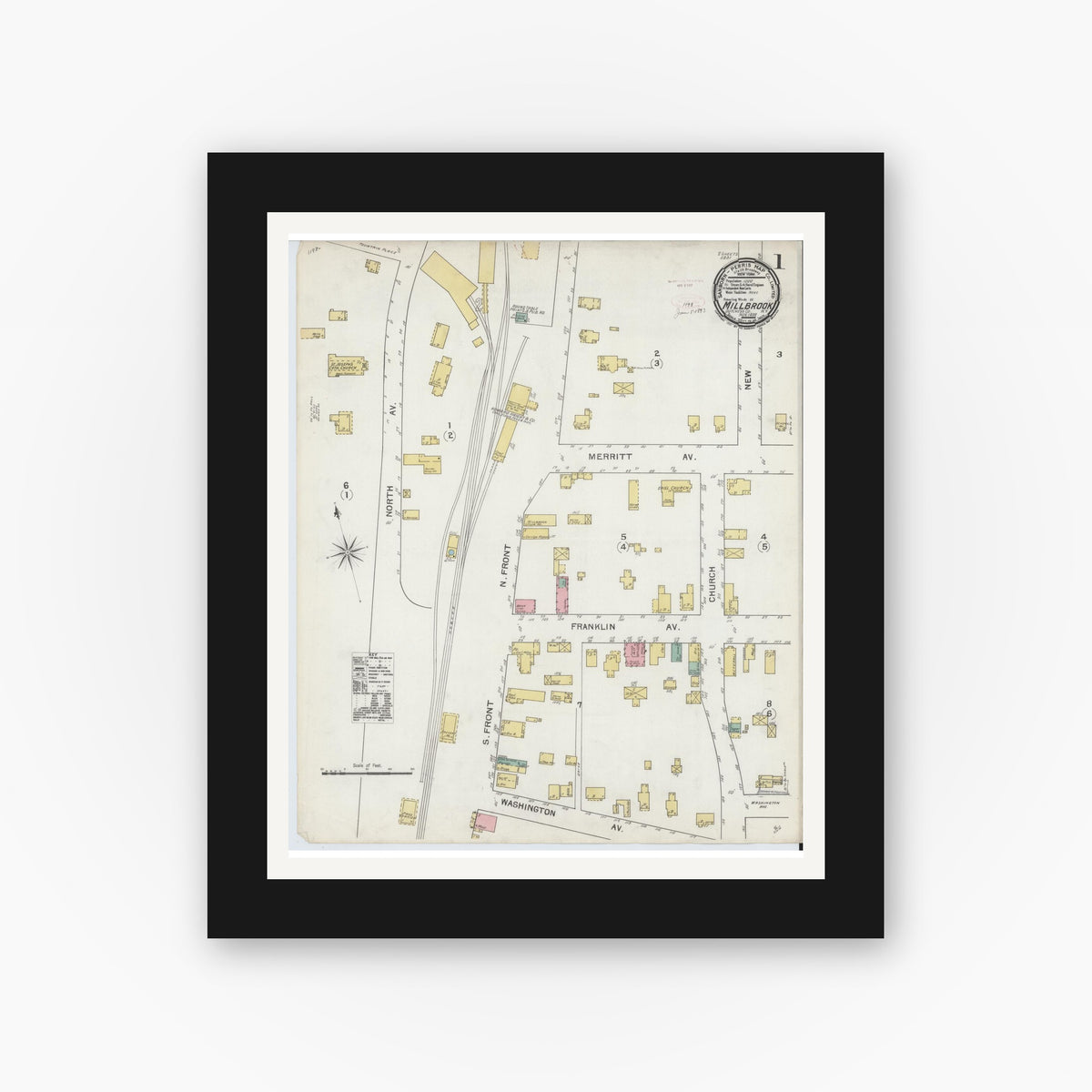 Old map wall art mockup — black gallery frame with white mat — Sanborn Fire Insurance Map from Millbrook, Dutchess County, New York (1892), Sheet #0001