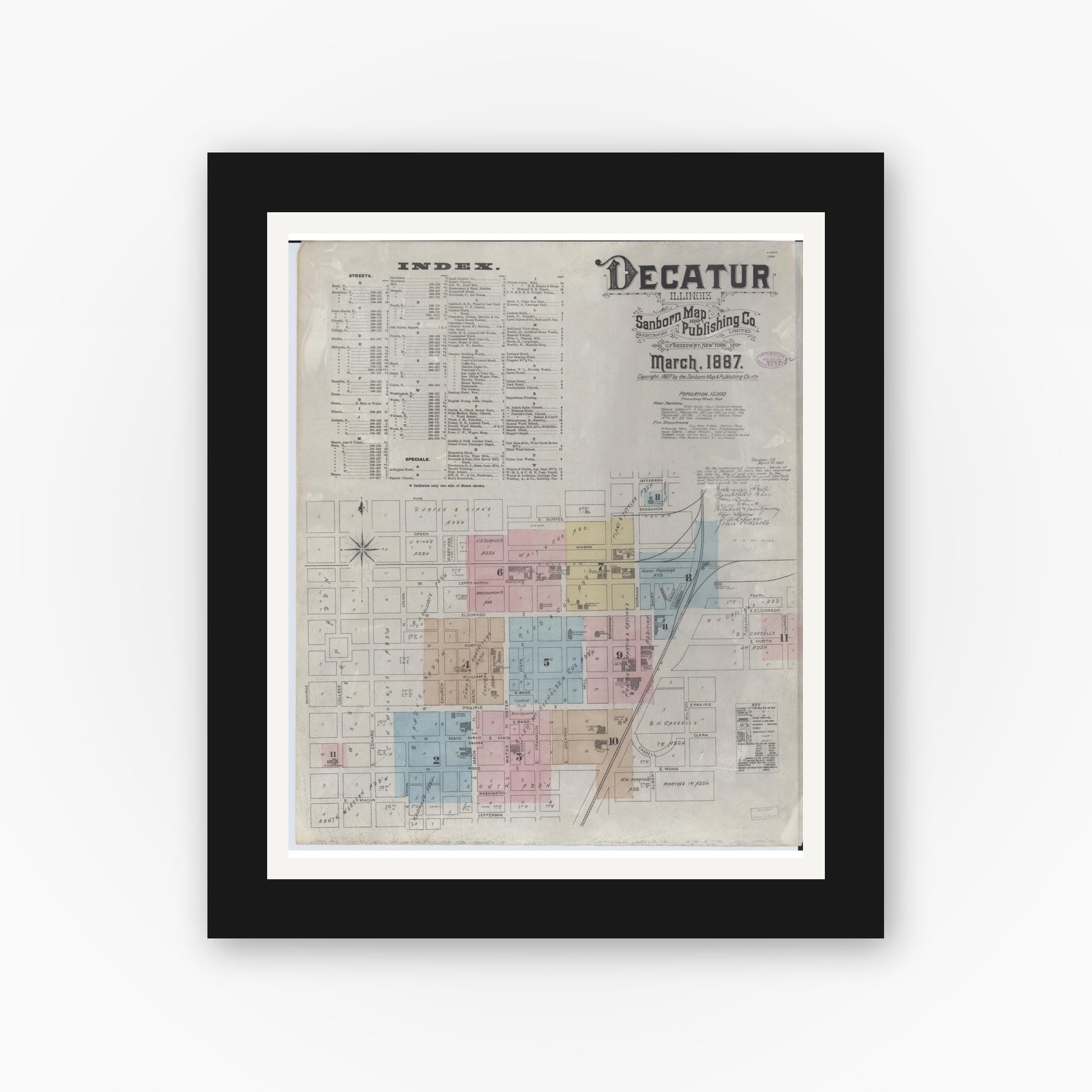 Old map wall art mockup — black gallery frame with white mat — Sanborn Fire Insurance Map from Decatur, Macon County, Illinois (1887), Sheet #0001