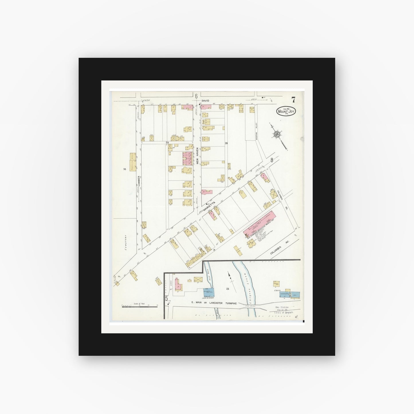 Old map wall art mockup — black gallery frame with white mat — Sanborn Fire Insurance Map from Mount Joy, Lancaster County, Pennsylvania (1912), Sheet #0007