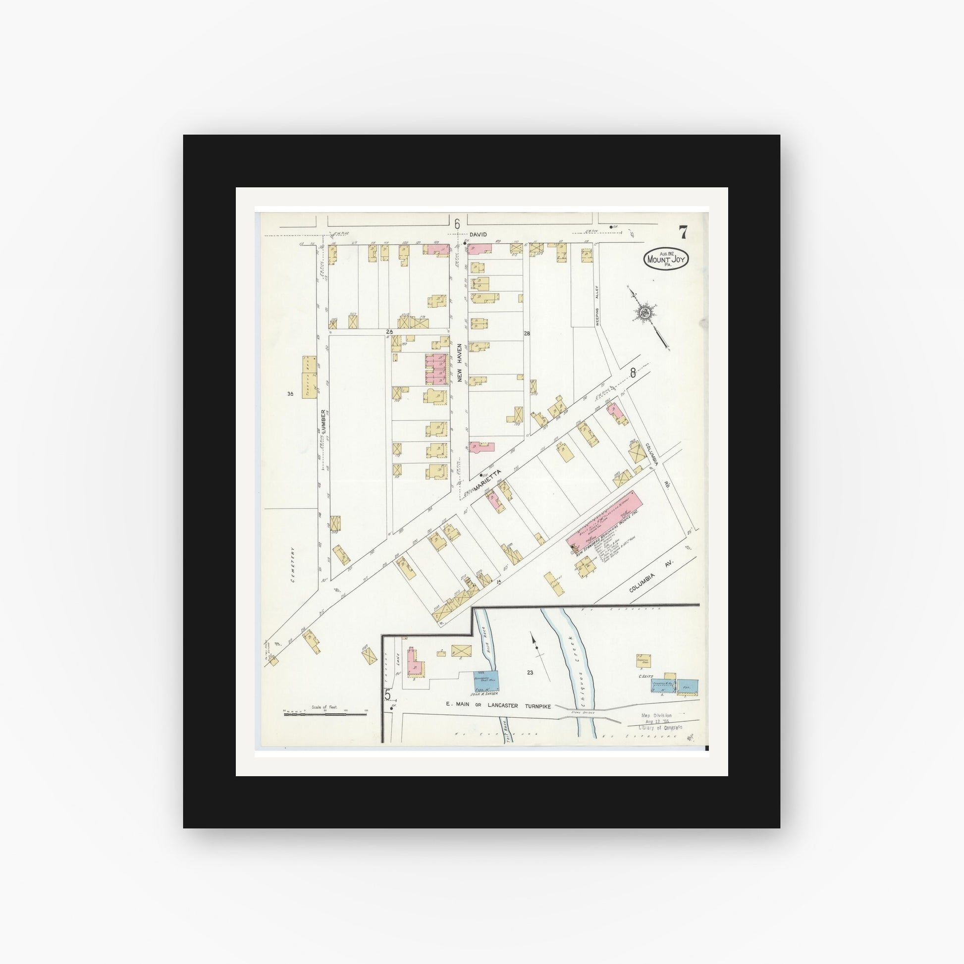 Old map wall art mockup — black gallery frame with white mat — Sanborn Fire Insurance Map from Mount Joy, Lancaster County, Pennsylvania (1912), Sheet #0007