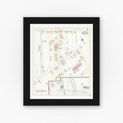 Old map wall art mockup — black gallery frame with white mat — Sanborn Fire Insurance Map from Mount Joy, Lancaster County, Pennsylvania (1912), Sheet #0007