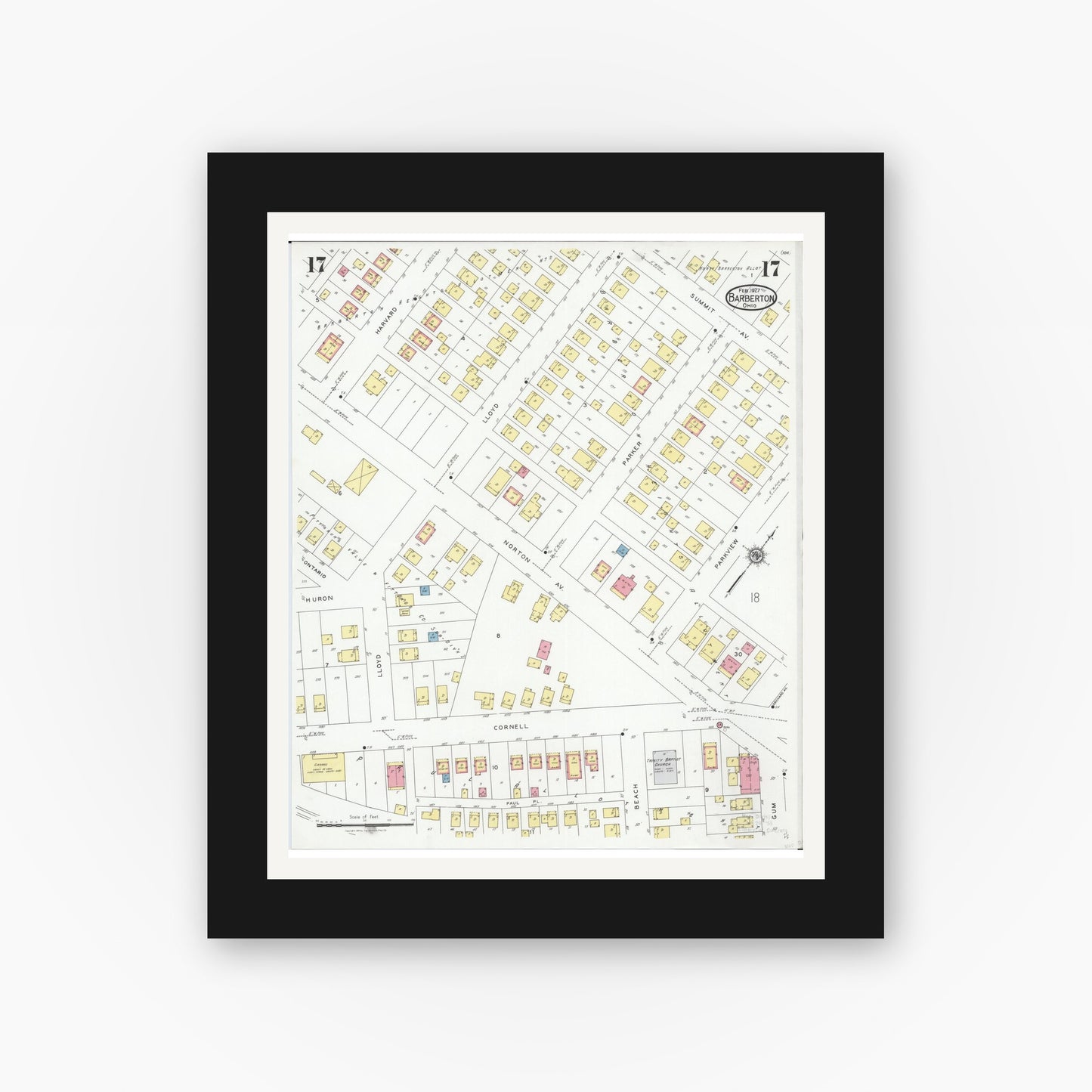Old map wall art mockup — black gallery frame with white mat — Sanborn Fire Insurance Map from Barberton, Summit County, Ohio (1927), Sheet #0017