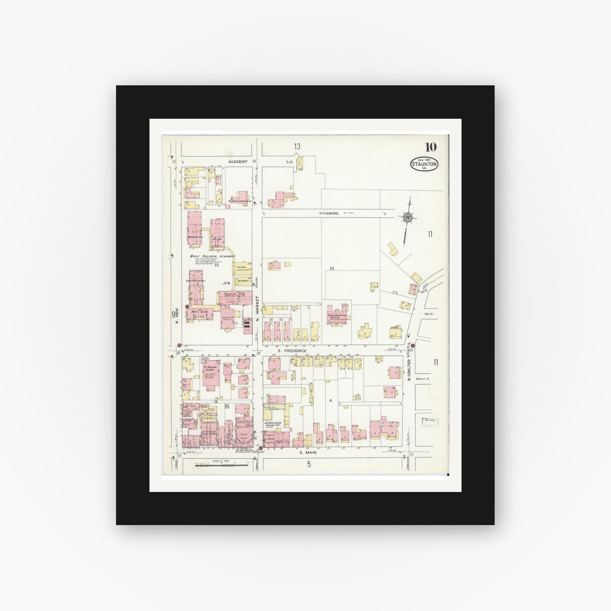 Old map wall art mockup — black gallery frame with white mat — Sanborn Fire Insurance Map from Staunton, Independent Cities, Virginia (1914), Sheet #0010