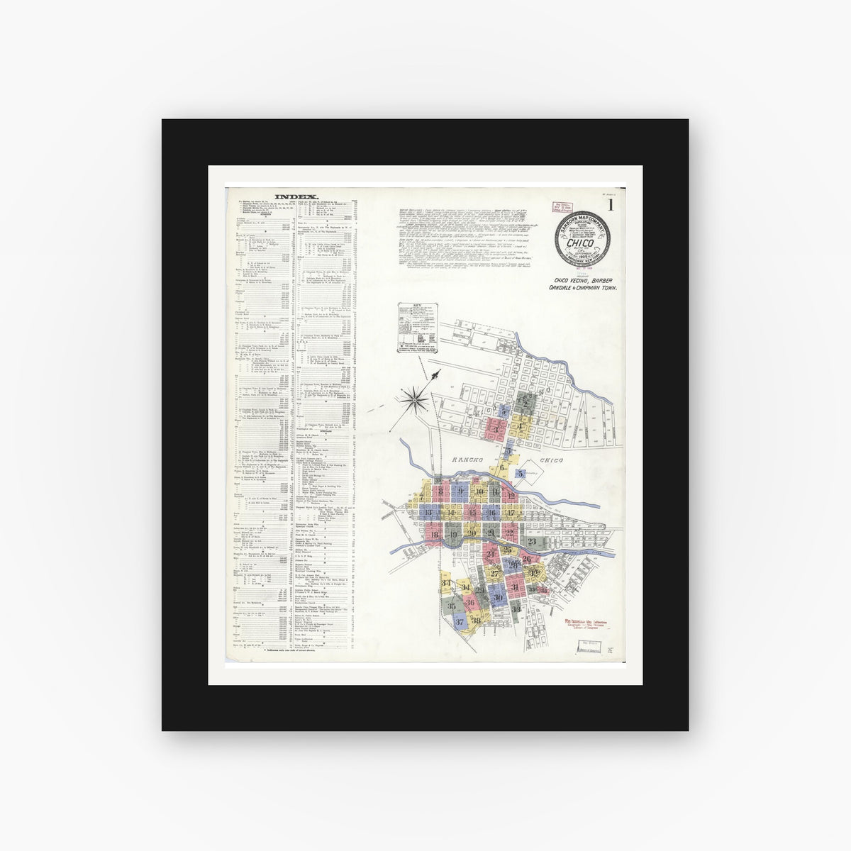 Old map wall art mockup — black gallery frame with white mat — Sanborn Fire Insurance Map from Chico, Butte County, California (1909), Sheet #0001