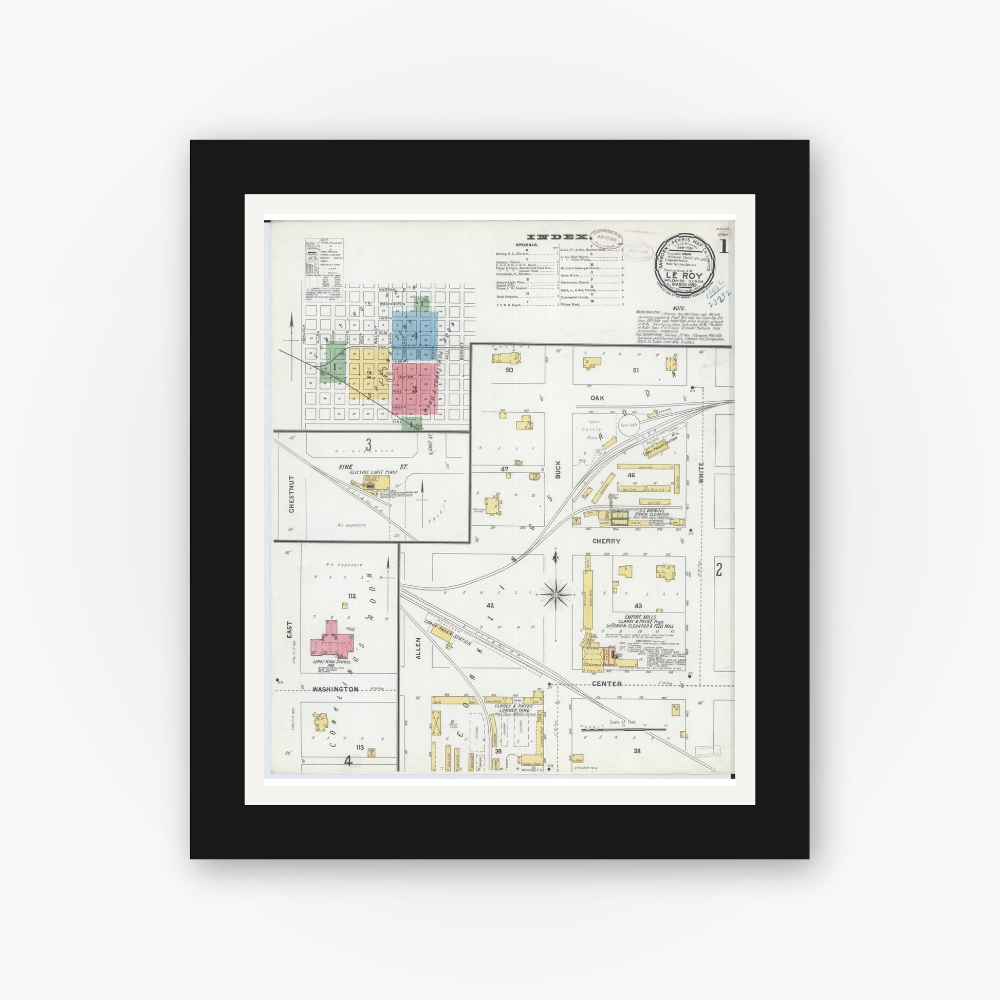 Old map wall art mockup — black gallery frame with white mat — Sanborn Fire Insurance Map from Leroy, McLean County, Illinois (1899), Sheet #0001